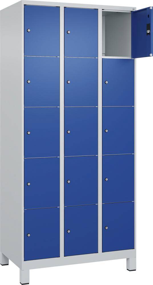 Fächerschrank CLASSIC B900xT500xH1950 mm RAL 7035/5010, 3x5 Fächermit 100 mm hohen Füßen - Artikel: 7830372994