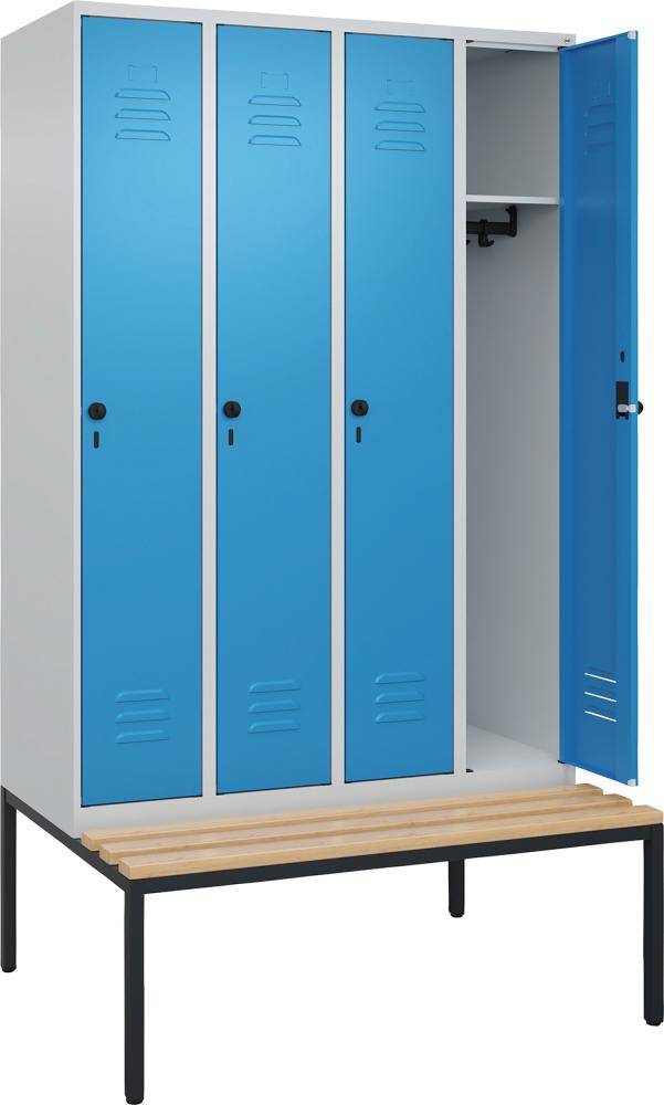 Garderobenschrank CLASSICB1200xT500xH2120 mm RAL 7035/5012, 4 Abteile mit untergeb. Sitzbank - Artikel: 7830372706