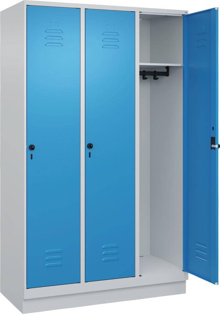 Garderobenschrank CLASSICB1200xT500xH1950 mm RAL 7035/5012, 3 Abteile mit 100 mm hohem Sockel - Artikel: 7830372665