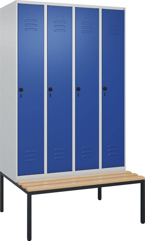 Garderobenschrank CLASSICB1200xT500xH2120 mm RAL 7035/5010, 4 Abteile mit untergeb. Sitzbank - Artikel: 7830372696