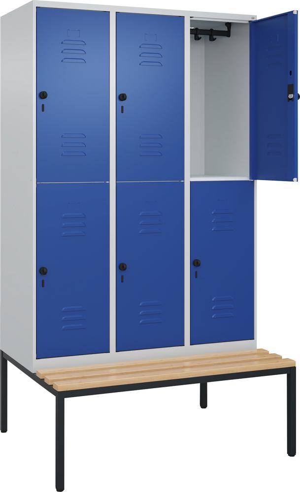 Doppelst. Schrank CLASSICB1200xT500xH2120 mm RAL 7035/5010, 3x2Abteilemit untergeb. Sitzbank - Artikel: 7830373395