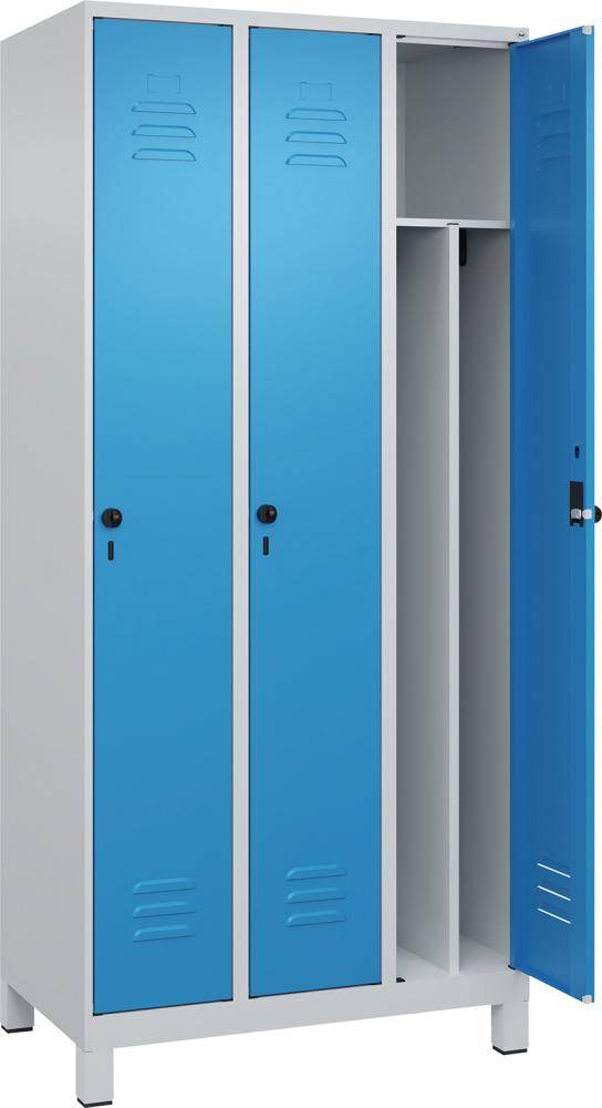 Gard.-Schrank TW CLASSIC B900xT500xH1950 mm RAL 7035/5012, 3 Abteile mit 100 mm hohen Füßen - Artikel: 7830373724