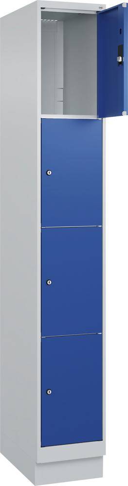 Fächerschrank CLASSIC B300xT500xH1950 mm RAL 7035/5010, 1x4 Fächermit 100 mm hohem Sockel - Artikel: 7830373150