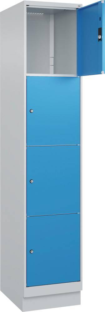 Fächerschrank CLASSIC B400xT500xH1950 mm RAL 7035/5012, 1x4 Fächermit 100 mm hohem Sockel - Artikel: 7830373161