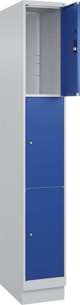 Fächerschrank CLASSIC B300xT500xH1950 mm RAL 7035/5010, 1x3 Fächermit 100 mm hohem Sockel - Artikel: 7830373110