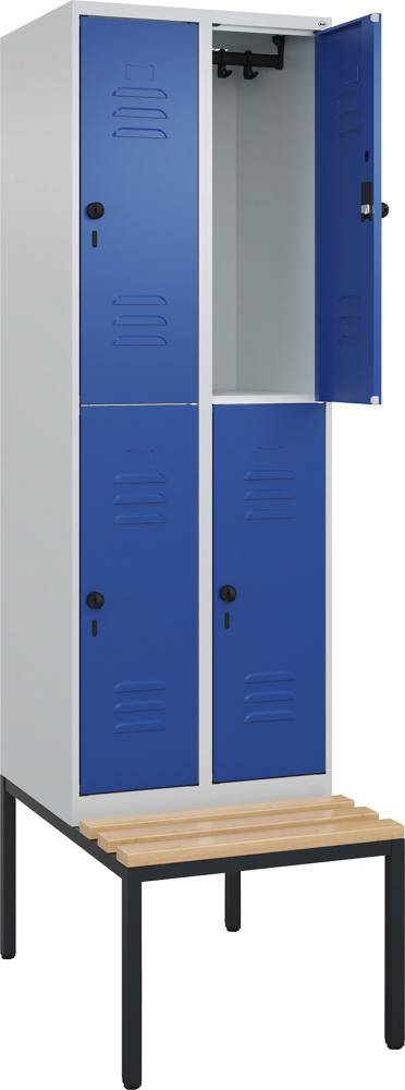 Doppelst. Schrank CLASSICB600xT500xH2120 mm RAL 7035/5010, 2x2Abteilemit untergeb. Sitzbank - Artikel: 7830373392