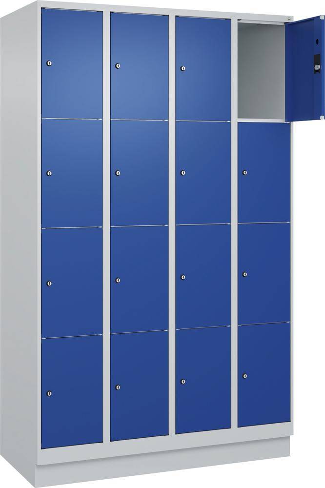 Fächerschrank CLASSIC B1200xT500xH1950 mm RAL 7035/5010, 4x4 Fächermit 100 mm hohem Sockel - Artikel: 7830373156