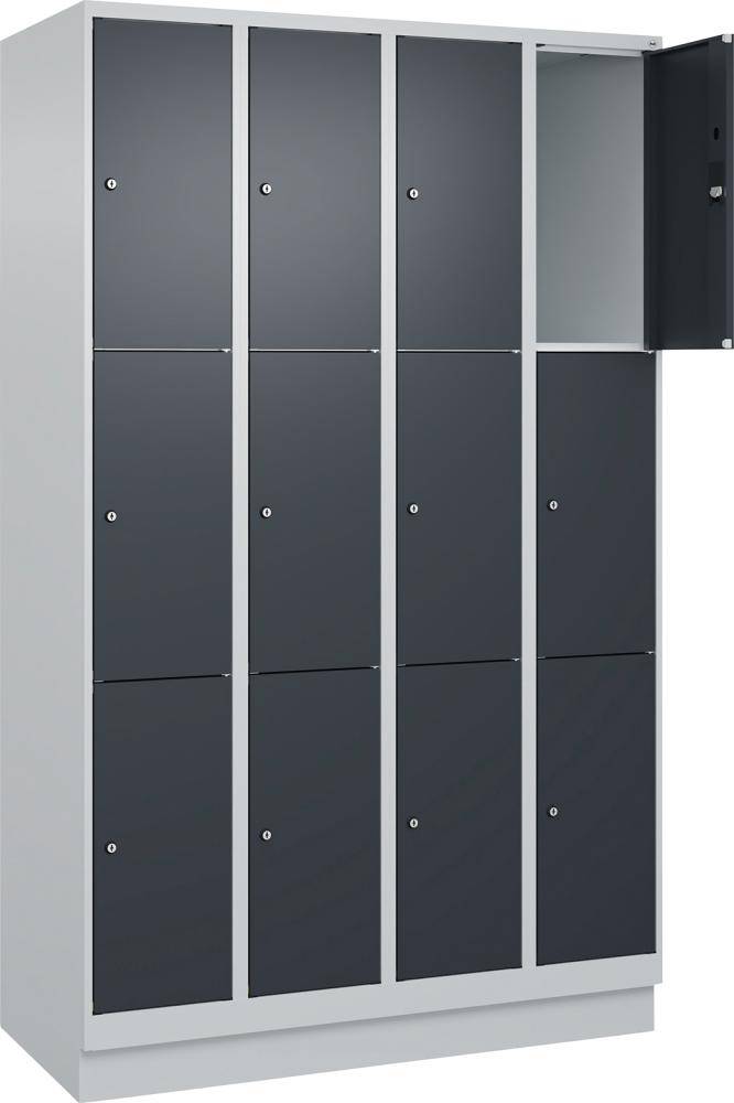 Fächerschrank CLASSIC B1200xT500xH1950 mm RAL 7035/7016, 4x3 Fächermit 100 mm hohem Sockel - Artikel: 7830373136