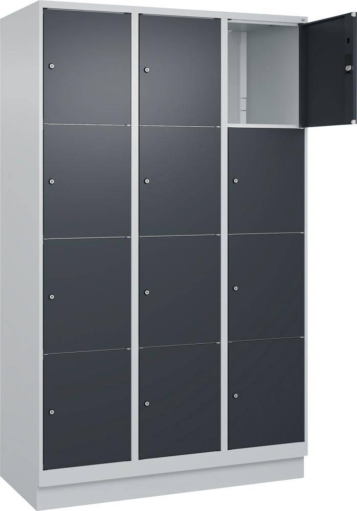 Fächerschrank CLASSIC B1200xT500xH1950 mm RAL 7035/7016, 3x4 Fächermit 100 mm hohem Sockel - Artikel: 7830373175