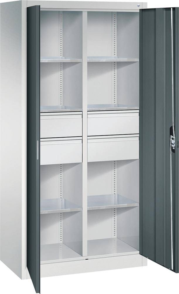 Flügeltürenschrank B930xT500xH1950 mm RAL7035/7016,4Schubladen mit Trennwand,6Fachböden - Artikel: 7830372460