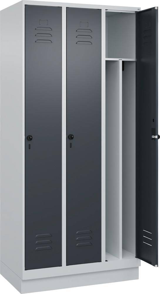 Gard.-Schrank TW CLASSIC B900xT500xH1950 mm RAL 7035/7016, 3 Abteile mit 100 mm hohem Sockel - Artikel: 7830373774