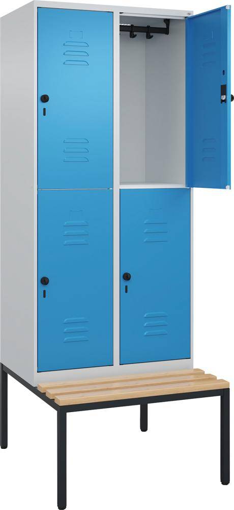 Doppelst. Schrank CLASSICB800xT500xH2120 mm RAL 7035/5012, 2x2Abteilemit untergeb. Sitzbank - Artikel: 7830373403