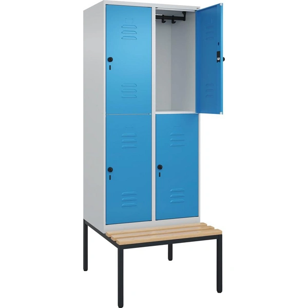 Doppelst. Schrank CLASSICB800xT500xH2120 mm RAL 7035/5012, 2x2Abteilemit untergeb. Sitzbank - Artikel: 7830373403 Doppelst. Schrank CLASSICB800xT500xH2120 mm RAL 7035/5012, 2x2Abteilemit untergeb. Sitzbank - Artikel: 7830373403