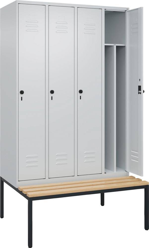 Gard.-Schrank TW CLASSIC B1200xT500xH2120 mm RAL 7035/7035, 4 Abteile mit untergeb. Sitzbank - Artikel: 7830373786