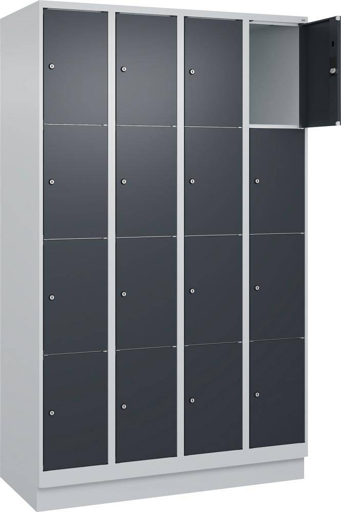 Fächerschrank CLASSIC B1200xT500xH1950 mm RAL 7035/7016, 4x4 Fächermit 100 mm hohem Sockel - Artikel: 7830373176