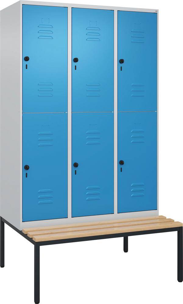 Doppelst. Schrank CLASSICB1200xT500xH2120 mm RAL 7035/5012, 3x2Abteilemit untergeb. Sitzbank - Artikel: 7830373405