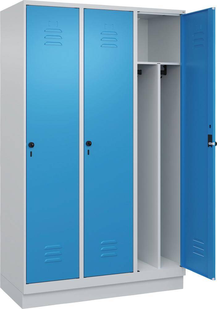 Gard.-Schrank TW CLASSIC B1200xT500xH1950 mm RAL 7035/5012, 3 Abteile mit 100 mm hohem Sockel - Artikel: 7830373765