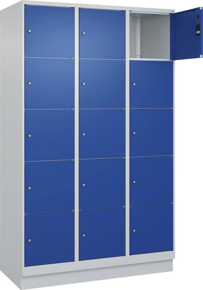 Fächerschrank CLASSIC B1200xT500xH1950 mm RAL 7035/5010, 3x5 Fächermit 100 mm hohem Sockel - Artikel: 7830373195