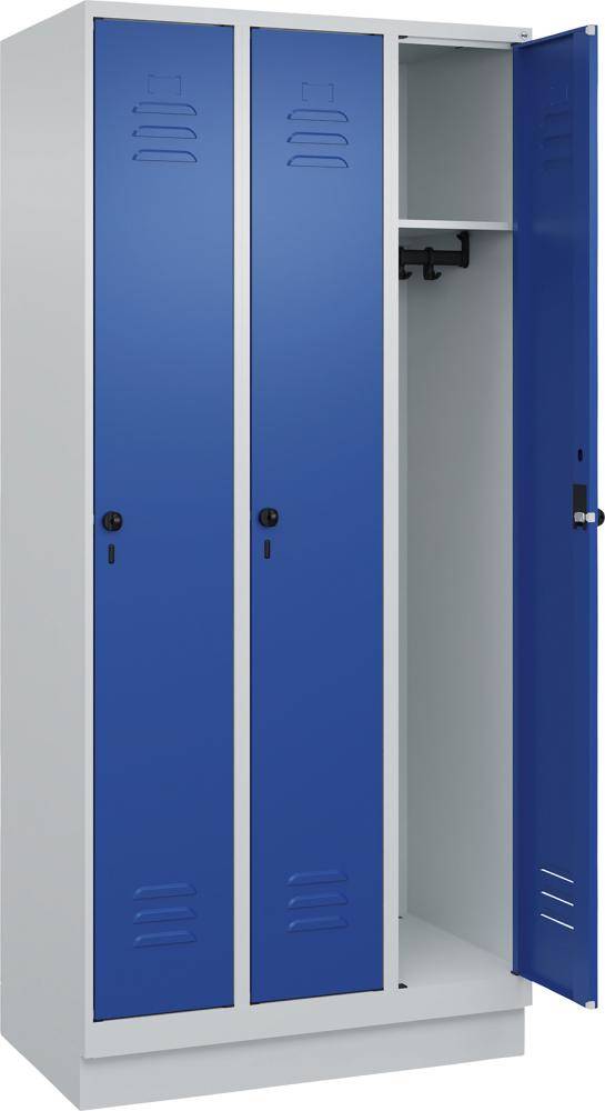 Garderobenschrank CLASSICB900xT500xH1950 mm RAL 7035/5010, 3 Abteile mit 100 mm hohem Sockel - Artikel: 7830372654