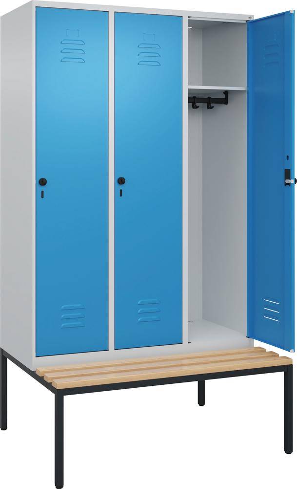 Garderobenschrank CLASSICB1200xT500xH2120 mm RAL 7035/5012, 3 Abteile mit untergeb. Sitzbank - Artikel: 7830372705