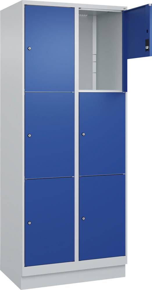 Fächerschrank CLASSIC B800xT500xH1950 mm RAL 7035/5010, 2x3 Fächermit 100 mm hohem Sockel - Artikel: 7830373113