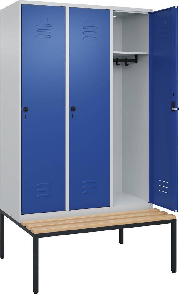 Garderobenschrank CLASSICB1200xT500xH2120 mm RAL 7035/5010, 3 Abteile mit untergeb. Sitzbank - Artikel: 7830372695