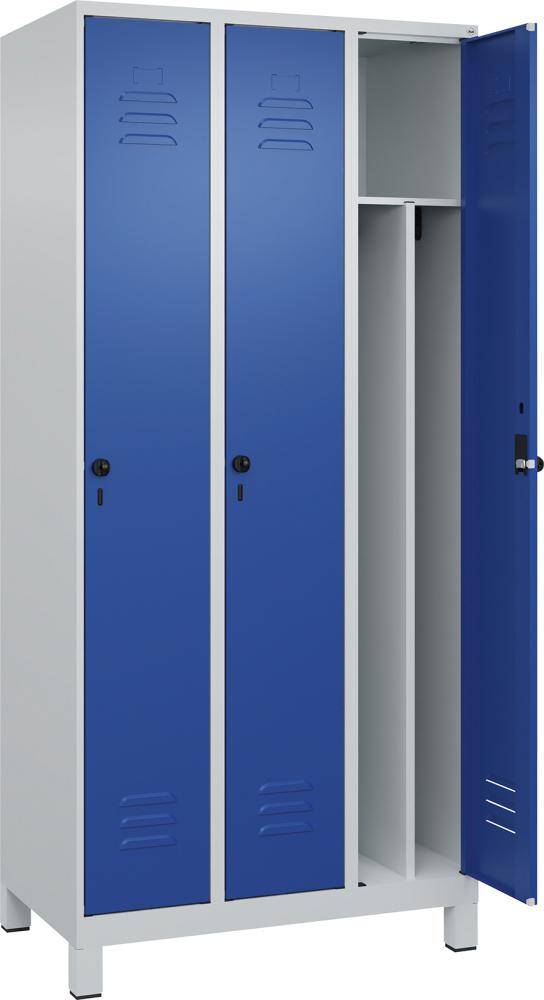 Gard.-Schrank TW CLASSIC B900xT500xH1950 mm RAL 7035/5010, 3 Abteile mit 100 mm hohen Füßen - Artikel: 7830373714