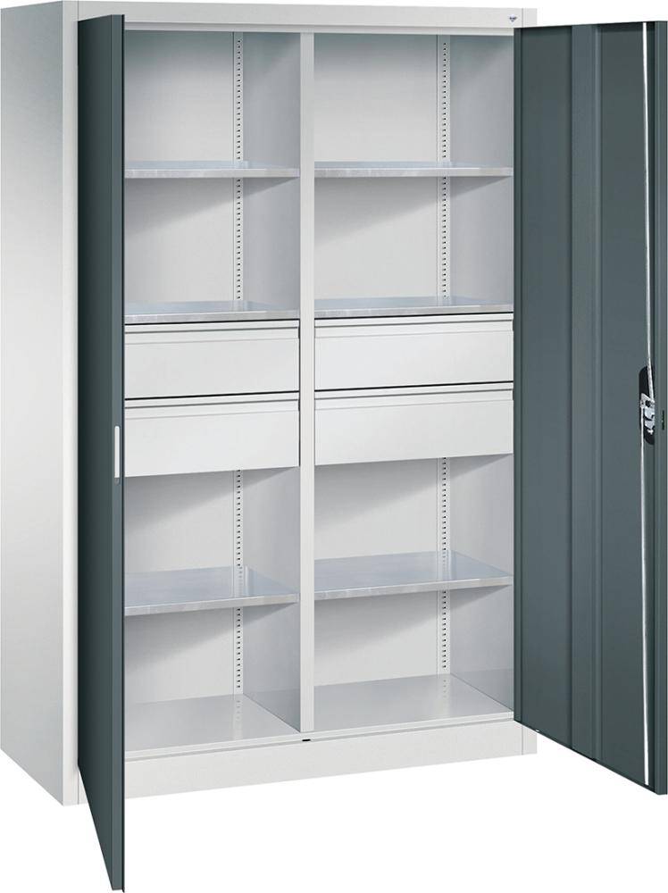 Flügeltürenschrank B1200xT500xH1950 mm RAL7035/7016,4Schubladen mit Trennwand,6Fachböden - Artikel: 7830372461