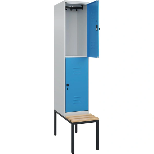 Doppelst. Schrank CLASSICB400xT500xH2120 mm RAL 7035/5012, 1x2Abteilemit untergeb. Sitzbank - Artikel: 7830373401 Doppelst. Schrank CLASSICB400xT500xH2120 mm RAL 7035/5012, 1x2Abteilemit untergeb. Sitzbank - Artikel: 7830373401