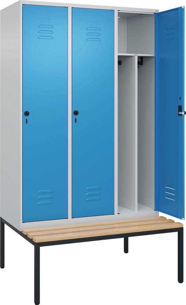 Gard.-Schrank TW CLASSIC B1200xT500xH2120 mm RAL 7035/5012, 3 Abteile mit untergeb. Sitzbank - Artikel: 7830373805