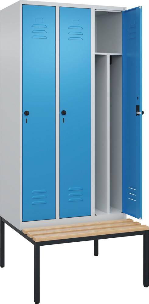 Gard.-Schrank TW CLASSIC B900xT500xH2120 mm RAL 7035/5012, 3 Abteile mit untergeb. Sitzbank - Artikel: 7830373804