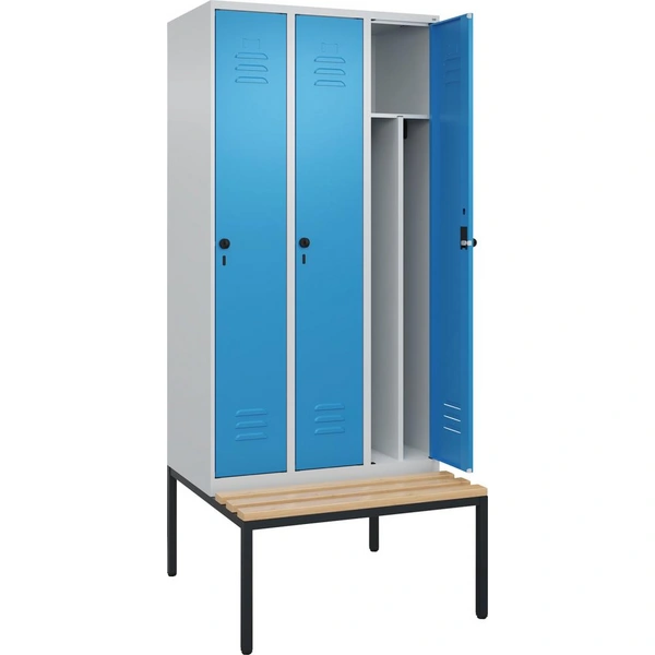 Gard.-Schrank TW CLASSIC B900xT500xH2120 mm RAL 7035/5012, 3 Abteile mit untergeb. Sitzbank - Artikel: 7830373804 Gard.-Schrank TW CLASSIC B900xT500xH2120 mm RAL 7035/5012, 3 Abteile mit untergeb. Sitzbank - Artikel: 7830373804