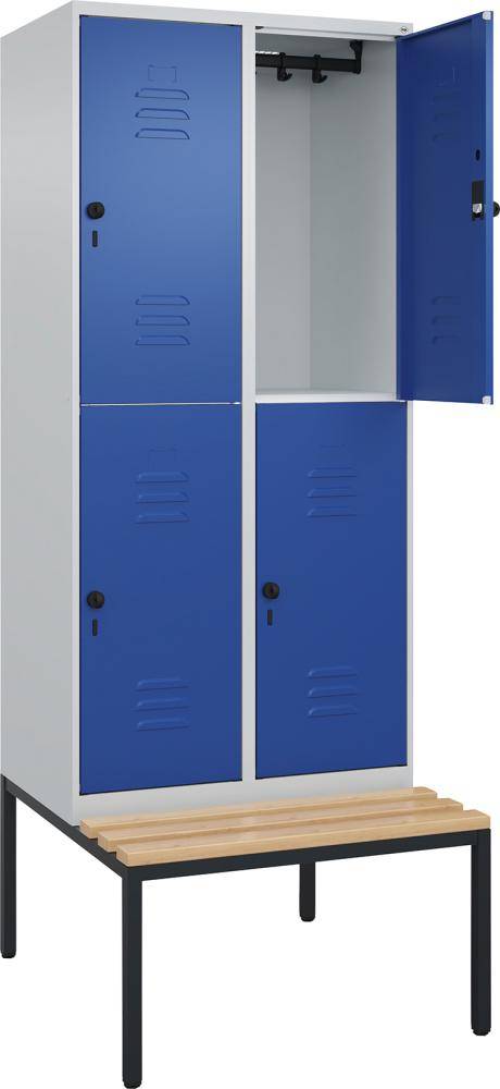 Doppelst. Schrank CLASSICB800xT500xH2120 mm RAL 7035/5010, 2x2Abteilemit untergeb. Sitzbank - Artikel: 7830373393