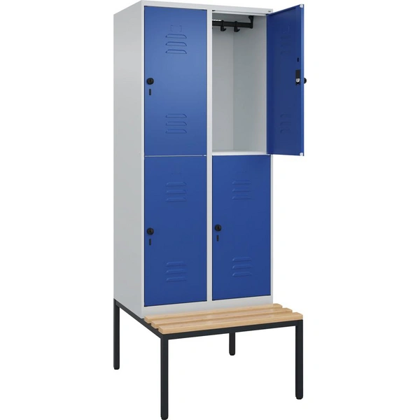Doppelst. Schrank CLASSICB800xT500xH2120 mm RAL 7035/5010, 2x2Abteilemit untergeb. Sitzbank - Artikel: 7830373393 Doppelst. Schrank CLASSICB800xT500xH2120 mm RAL 7035/5010, 2x2Abteilemit untergeb. Sitzbank - Artikel: 7830373393