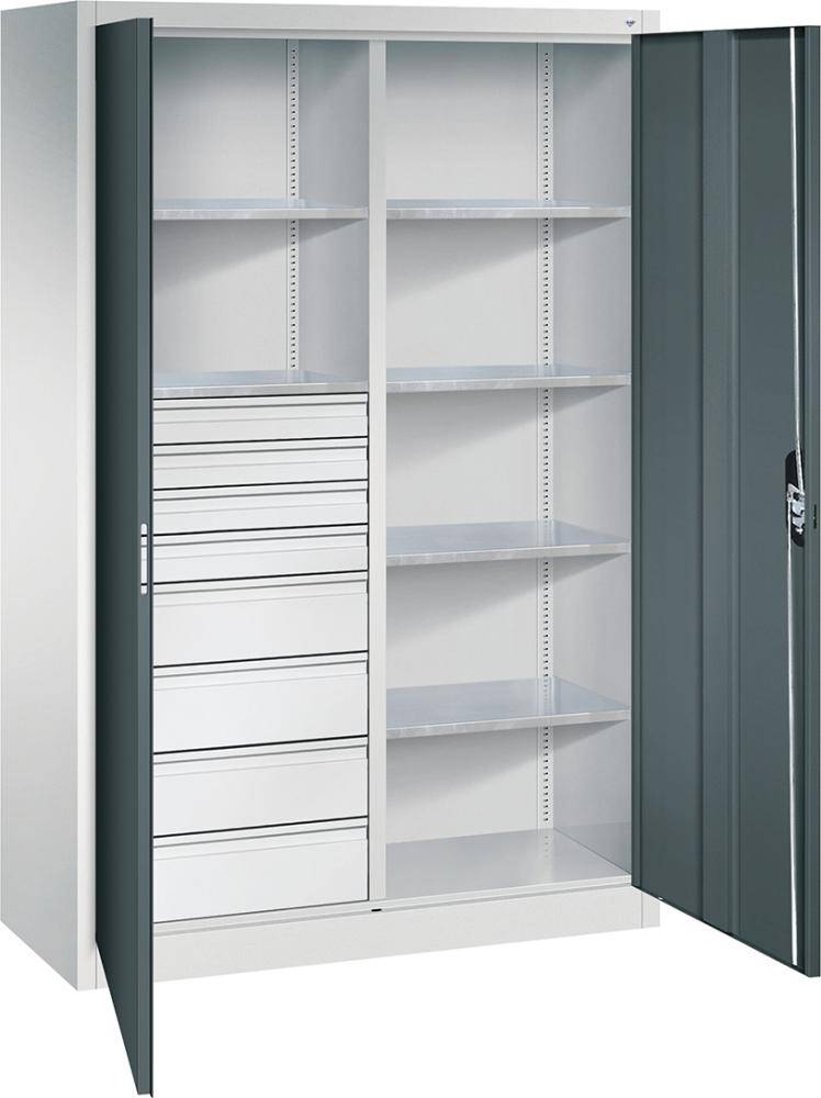 Flügeltürenschrank B1200xT500xH1950 mm RAL7035/7016,8Schubladen mit Trennwand,6Fachböden - Artikel: 7830372463