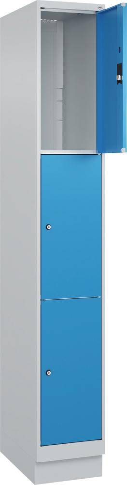 Fächerschrank CLASSIC B300xT500xH1950 mm RAL 7035/5012, 1x3 Fächermit 100 mm hohem Sockel - Artikel: 7830373120