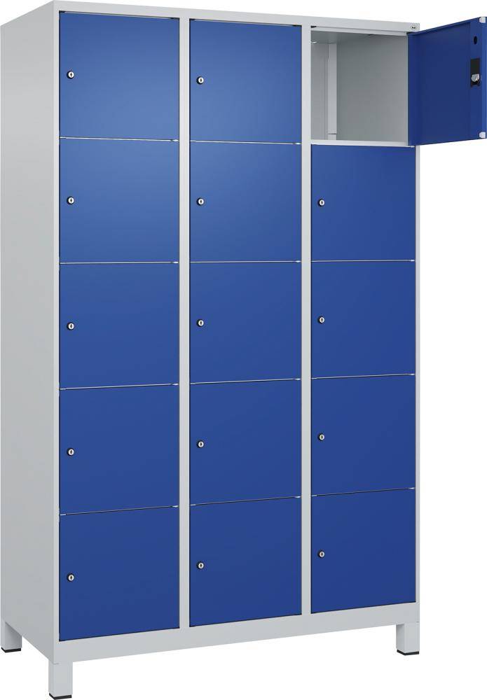 Fächerschrank CLASSIC B1200xT500xH1950 mm RAL 7035/5010, 3x5 Fächermit 100 mm hohen Füßen - Artikel: 7830372995