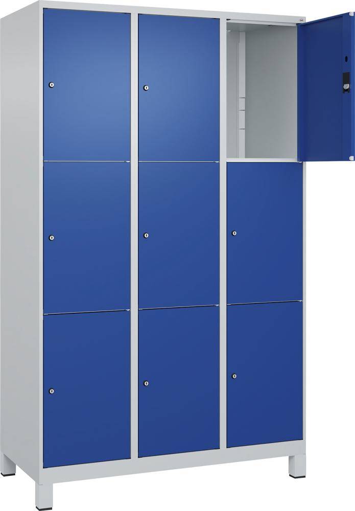 Fächerschrank CLASSIC B1200xT500xH1950 mm RAL 7035/5010, 3x3 Fächermit 100 mm hohen Füßen - Artikel: 7830372915