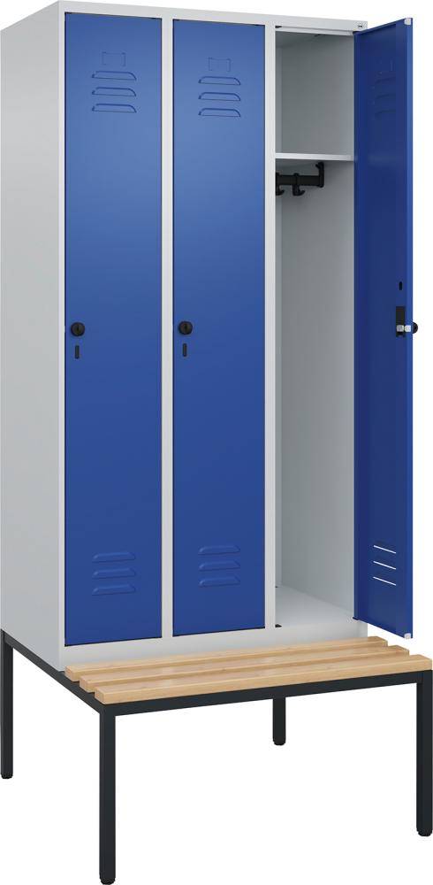 Garderobenschrank CLASSICB900xT500xH2120 mm RAL 7035/5010, 3 Abteile mit untergeb. Sitzbank - Artikel: 7830372694