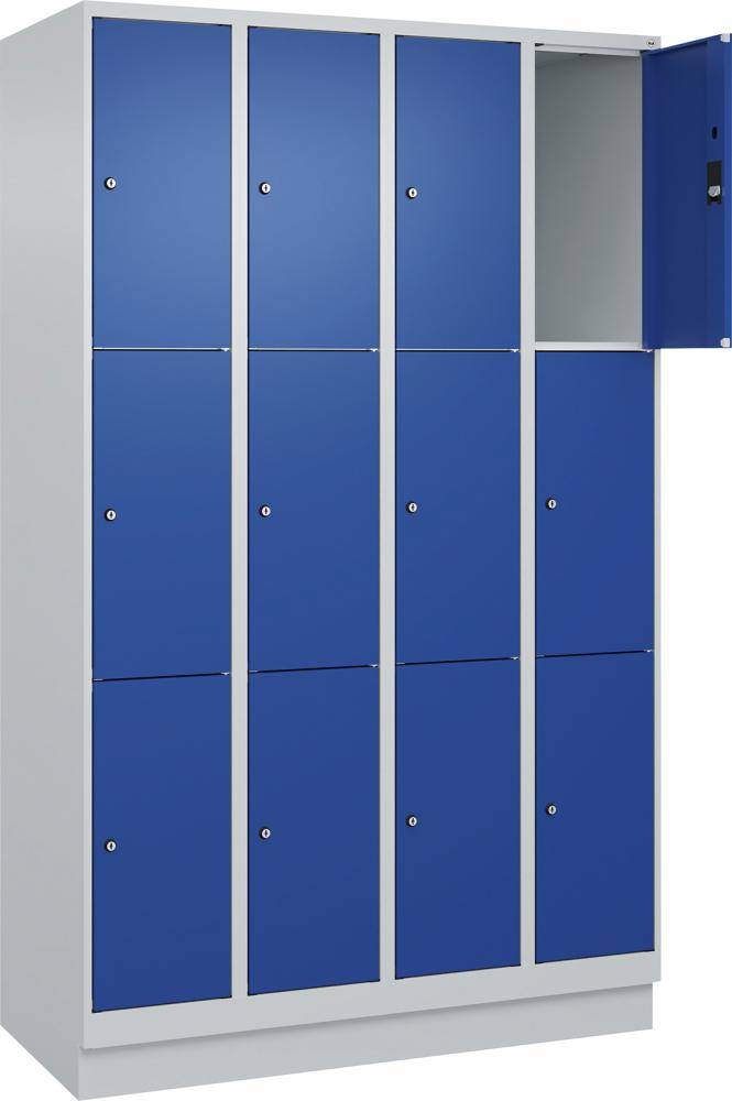 Fächerschrank CLASSIC B1200xT500xH1950 mm RAL 7035/5010, 4x3 Fächermit 100 mm hohem Sockel - Artikel: 7830373116
