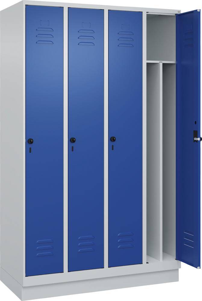 Gard.-Schrank TW CLASSIC B1200xT500xH1950 mm RAL 7035/5010, 4 Abteile mit 100 mm hohem Sockel - Artikel: 7830373756