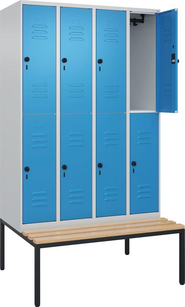Doppelst. Schrank CLASSICB1200xT500xH2120 mm RAL 7035/5012, 4x2Abteilemit untergeb. Sitzbank - Artikel: 7830373406