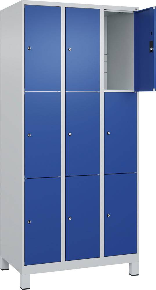 Fächerschrank CLASSIC B900xT500xH1950 mm RAL 7035/5010, 3x3 Fächermit 100 mm hohen Füßen - Artikel: 7830372914