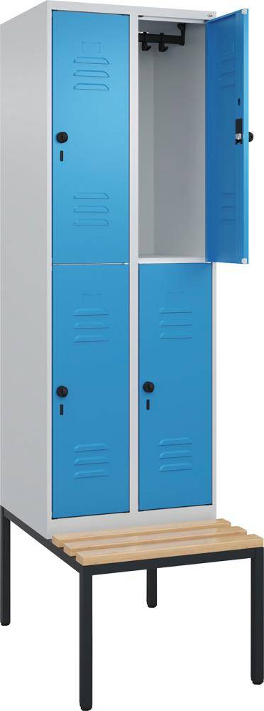 Doppelst. Schrank CLASSICB600xT500xH2120 mm RAL 7035/5012, 2x2Abteilemit untergeb. Sitzbank - Artikel: 7830373402
