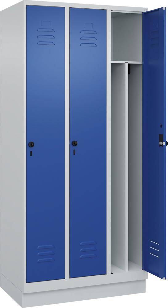 Gard.-Schrank TW CLASSIC B900xT500xH1950 mm RAL 7035/5010, 3 Abteile mit 100 mm hohem Sockel - Artikel: 7830373754