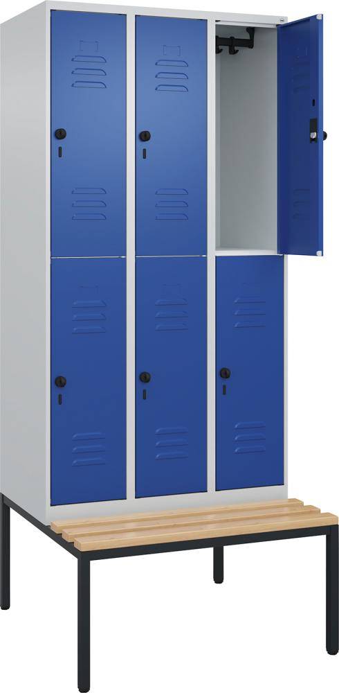 Doppelst. Schrank CLASSICB900xT500xH2120 mm RAL 7035/5010, 3x2Abteilemit untergeb. Sitzbank - Artikel: 7830373394