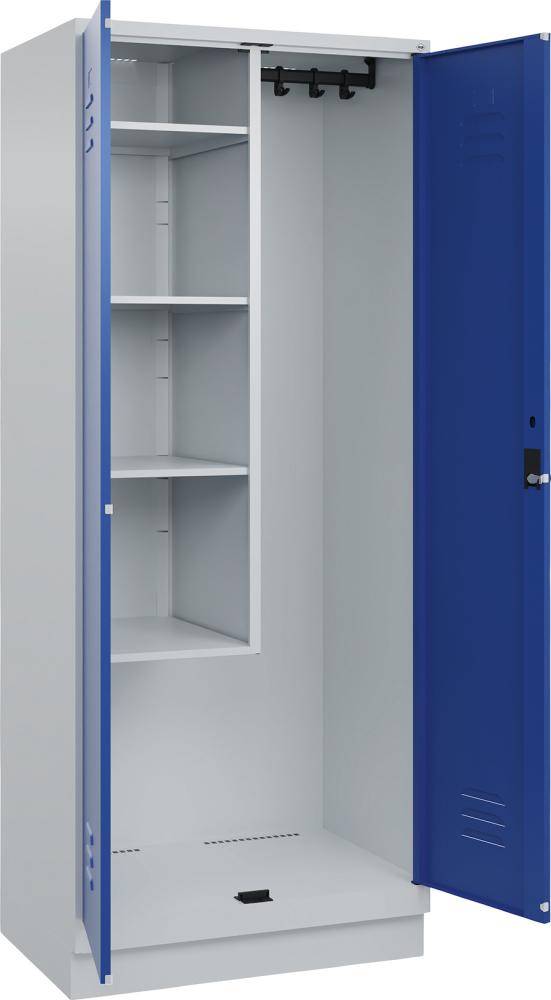 Raumpflege-Schr. CLASSIC B800xT500xH1950 mm RAL 7035/5010, 2 Abteile mit 100 mm hohem Sockel - Artikel: 7830373953