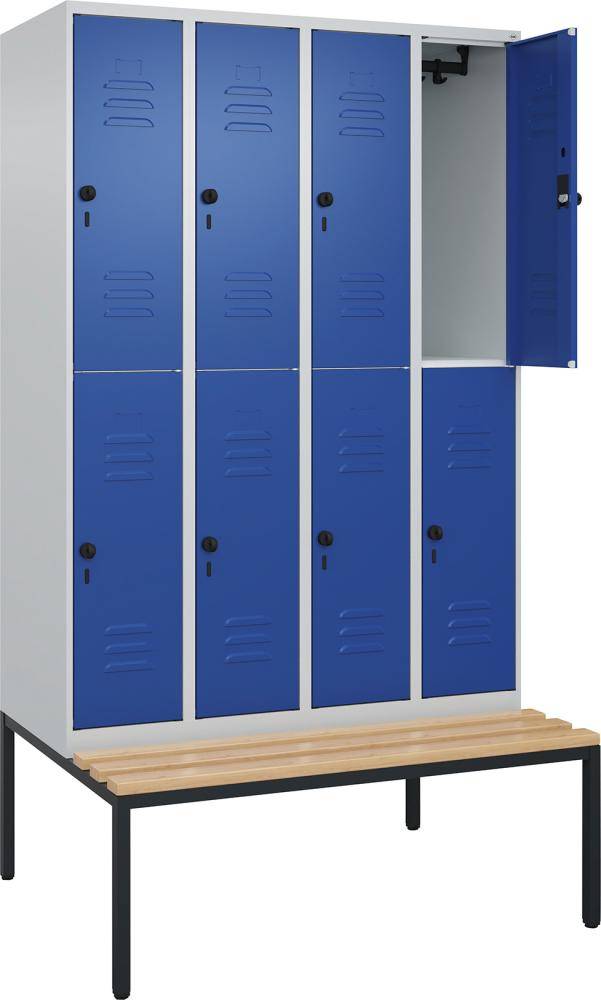 Doppelst. Schrank CLASSICB1200xT500xH2120 mm RAL 7035/5010, 4x2Abteilemit untergeb. Sitzbank - Artikel: 7830373396