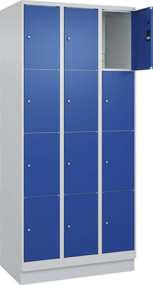 Fächerschrank CLASSIC B900xT500xH1950 mm RAL 7035/5010, 3x4 Fächermit 100 mm hohem Sockel - Artikel: 7830373154