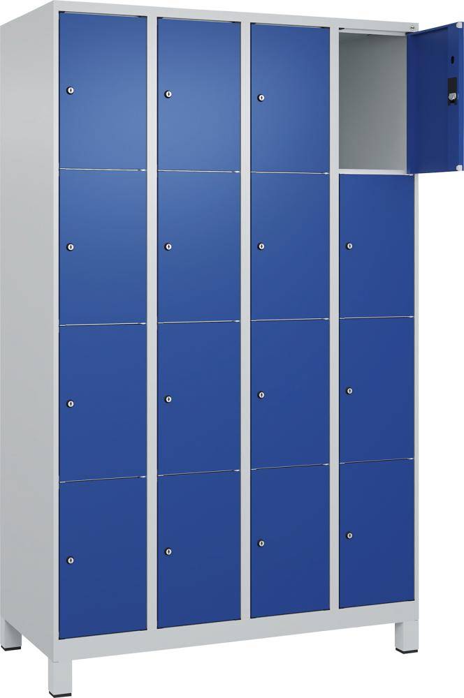 Fächerschrank CLASSIC B1200xT500xH1950 mm RAL 7035/5010, 4x4 Fächermit 100 mm hohen Füßen - Artikel: 7830372956